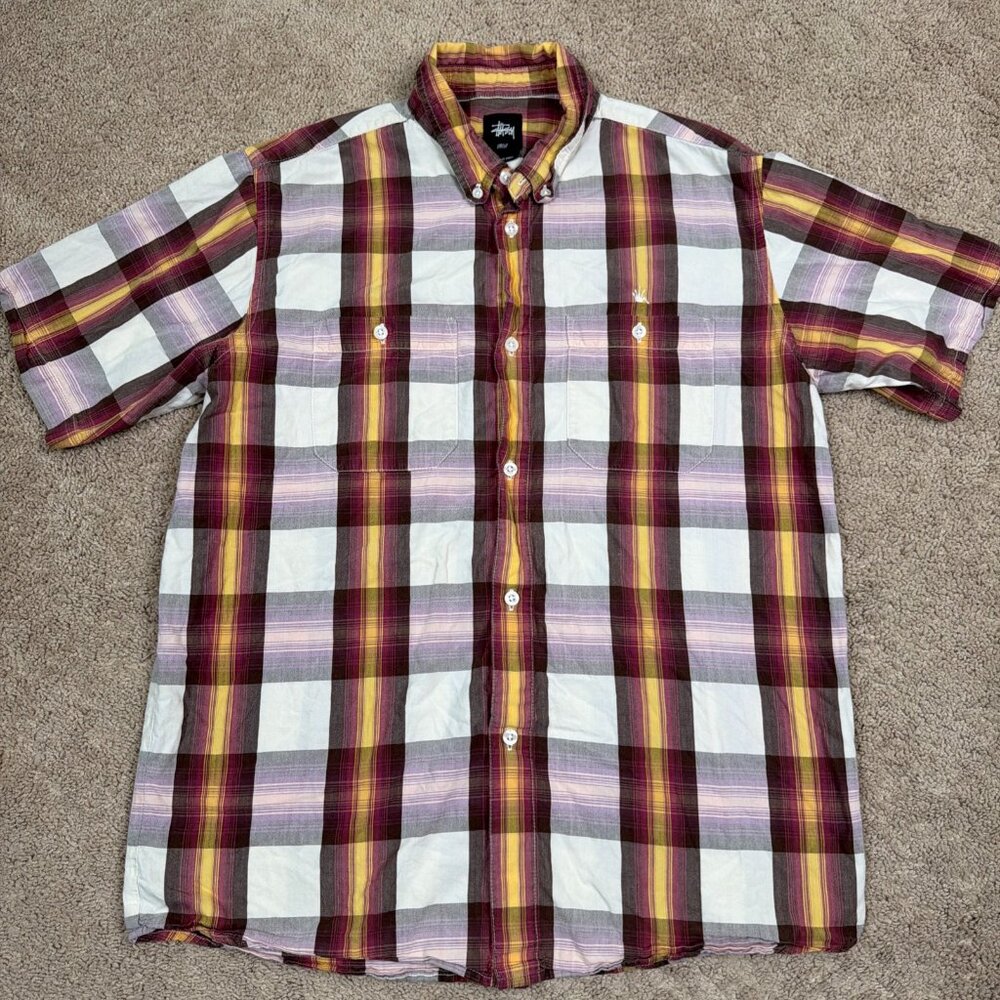 Stussy Shirt Mens L Plaid Short Sleeve Button Up Skater Y2K Crown Retro Emo Punk